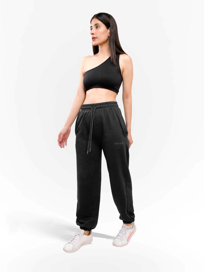 Black Gathered Joggers for Women