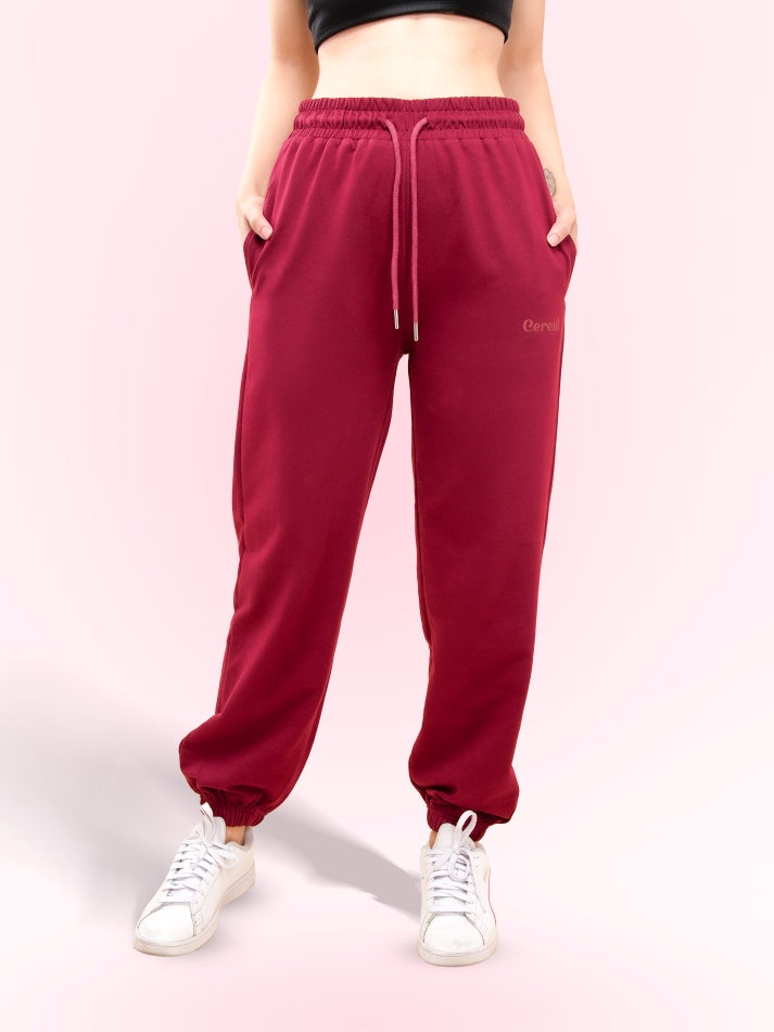 Cherry Red Gathered Joggers for Women