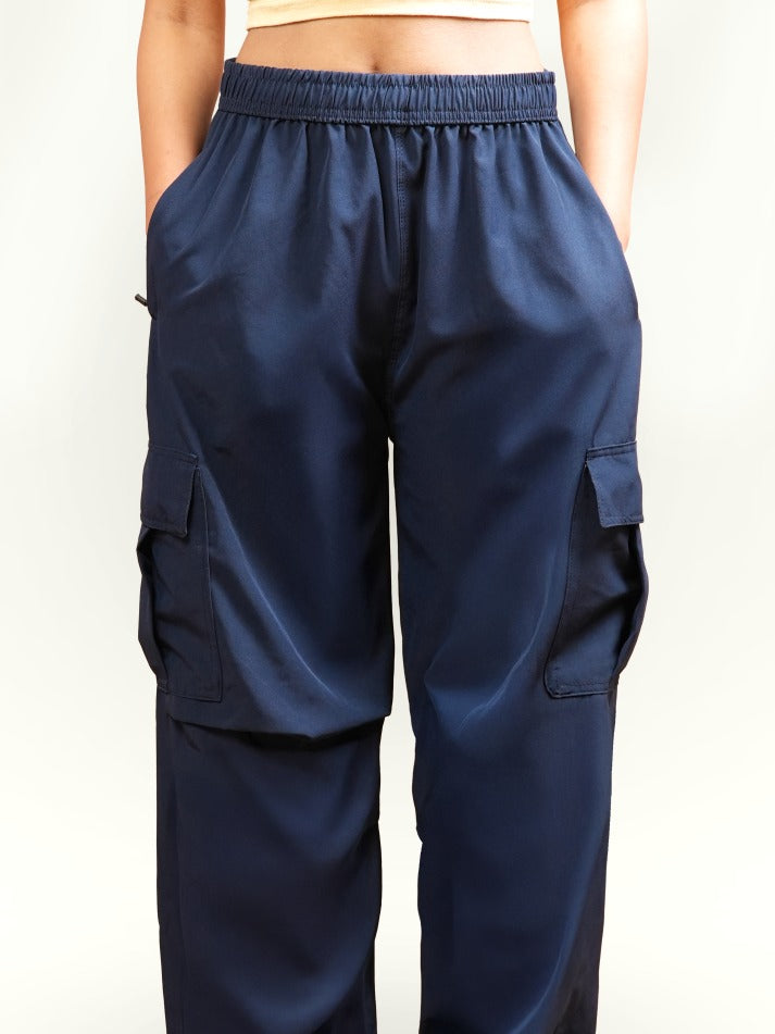 VIRAL Navy Blue Parachute Pants Loose Fit For Women