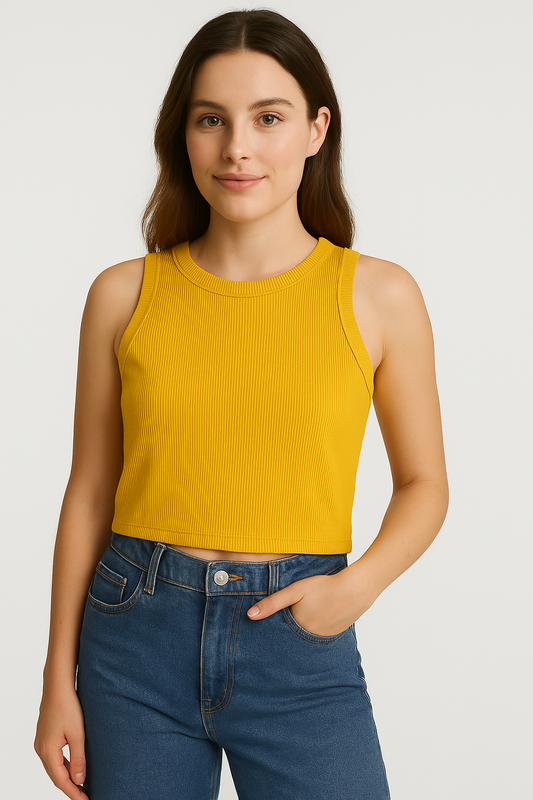 Mustard Yellow Round Neck Sleeveless Ribbed Tank For Women