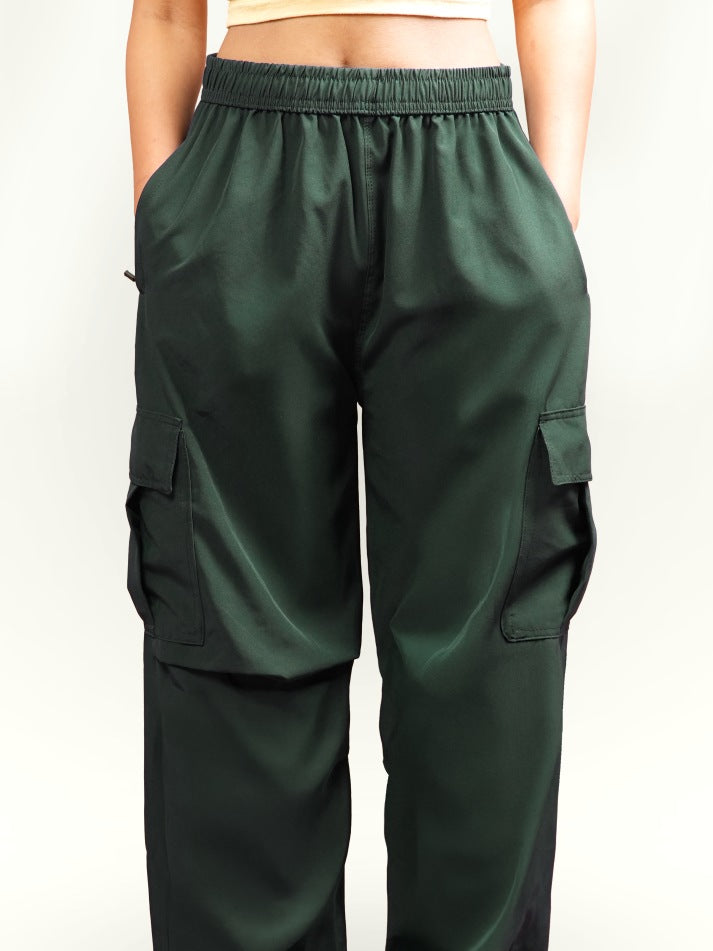 VIRAL Green Parachute Pants Loose Fit For Women