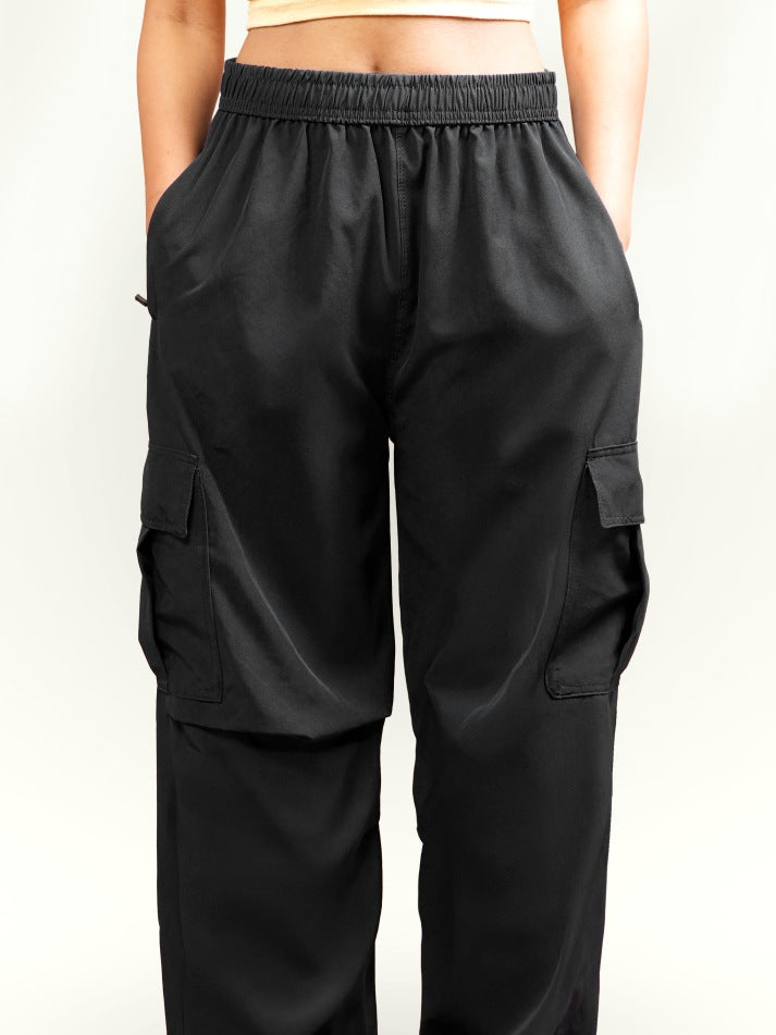 VIRAL Black Parachute Pants Loose Fit For Women