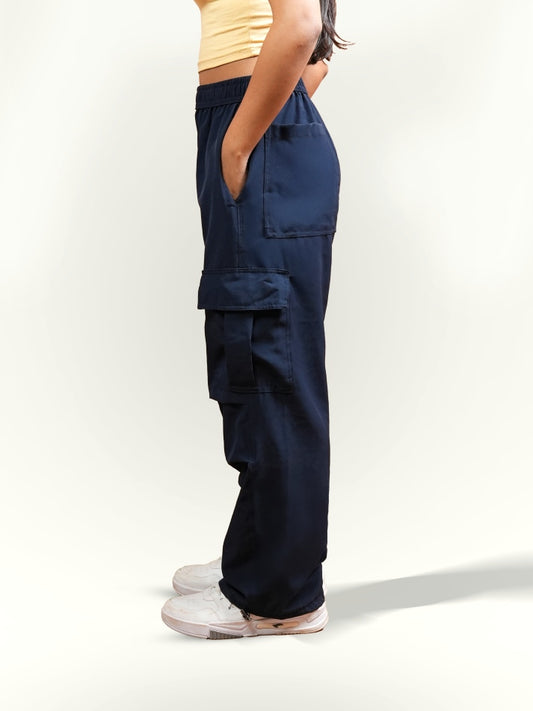 VIRAL Navy Blue Parachute Pants Loose Fit For Women