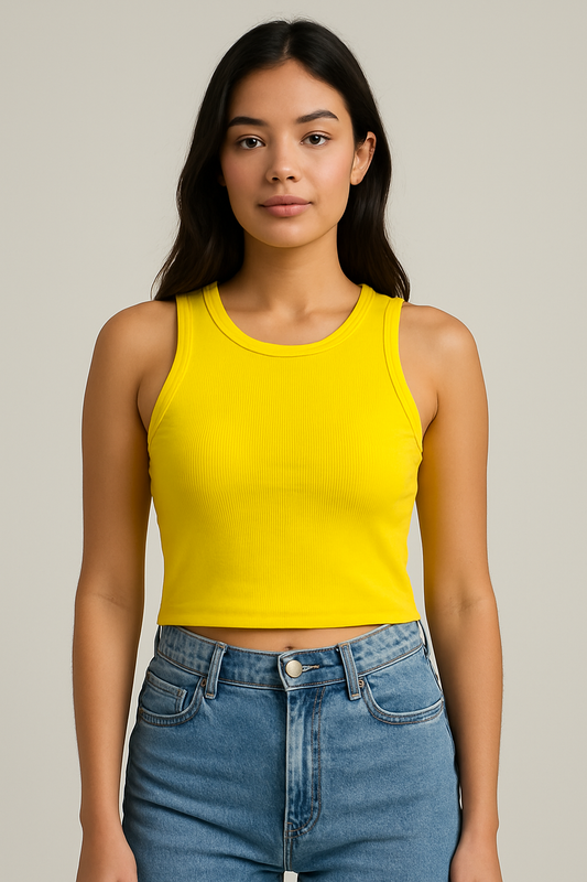 Yellow Round Neck Sleeveless Ribbed Tank For Women