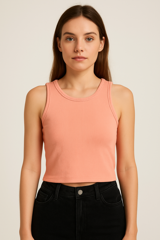 Peach Round Neck Sleeveless Ribbed Tank For Women