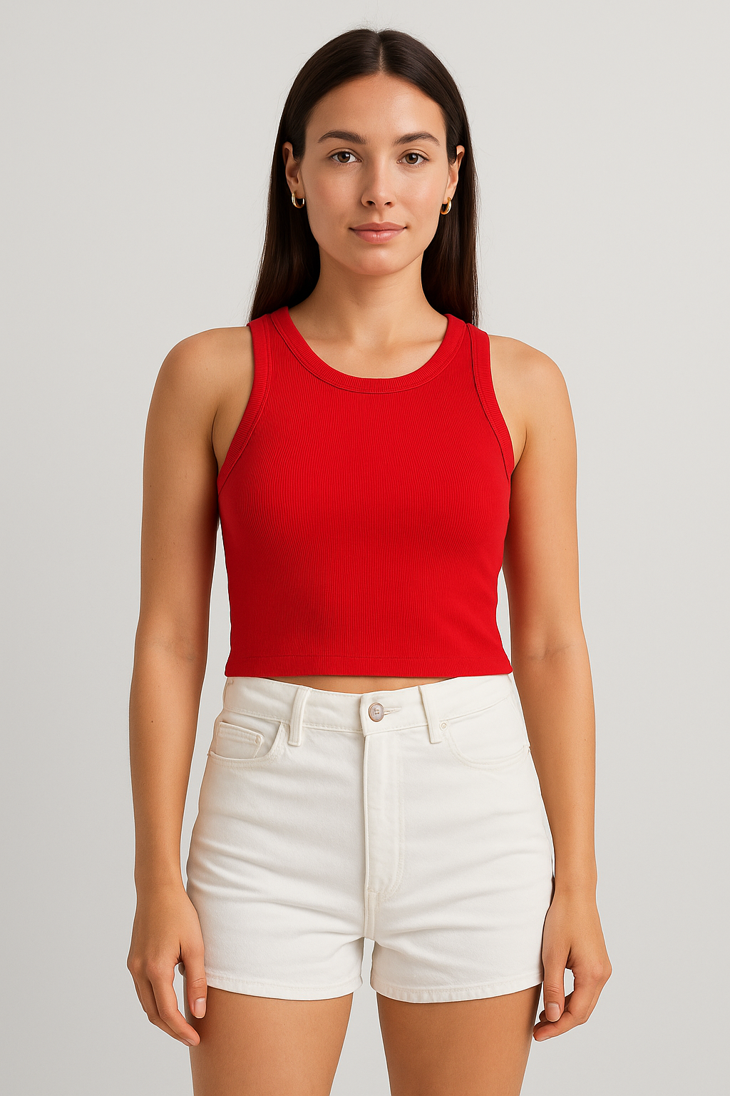 Red Round Neck Sleeveless Ribbed Tank For Women