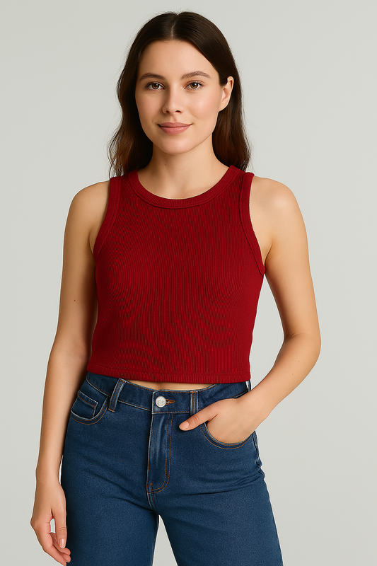 Cherry Red Round Neck Sleeveless Ribbed Tank For Women