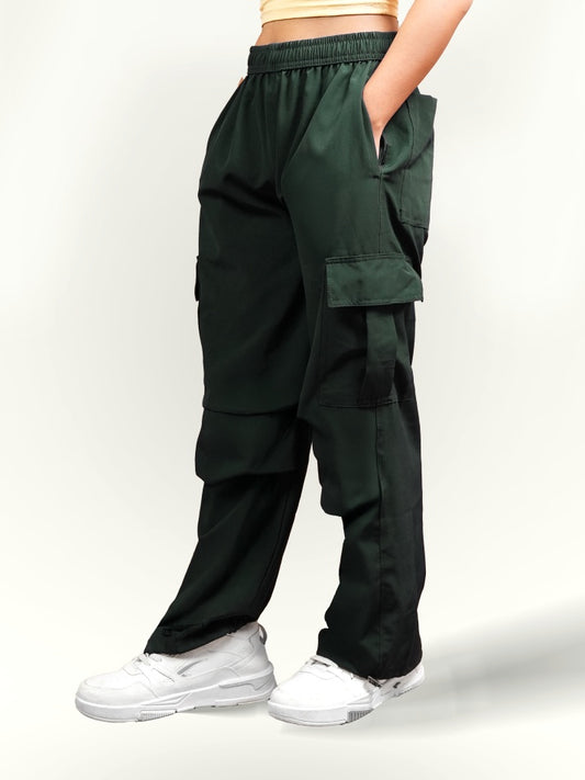 VIRAL Green Parachute Pants Loose Fit For Women