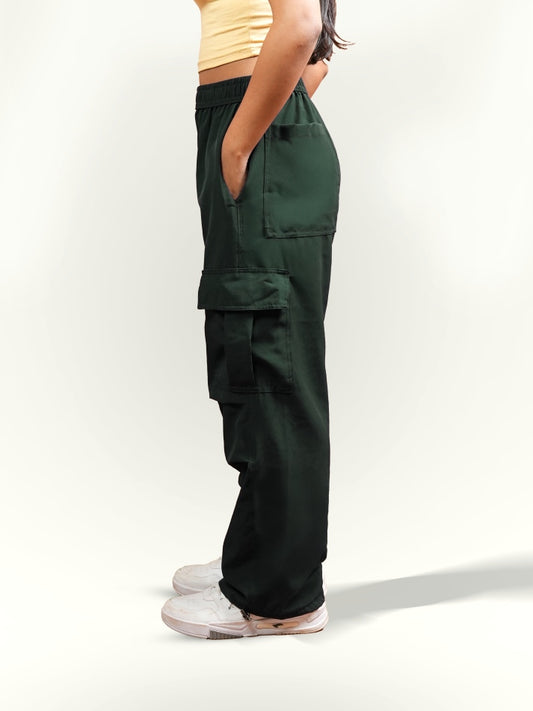 VIRAL Green Parachute Pants Loose Fit For Women